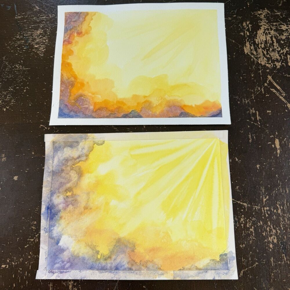 2 Original Watercolor Paintings Sunset Clouds Sun Rays Sky Landscape Unsigned
